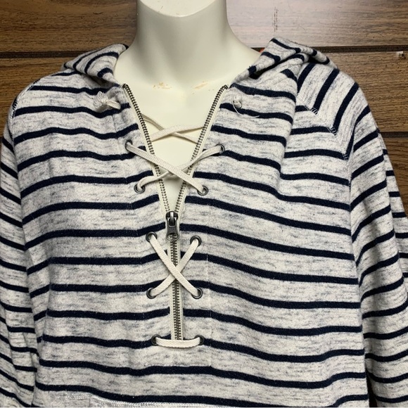 Sperry size small blue/gray Striped Lace-Up Hoodie front pocket - Picture 9 of 9
